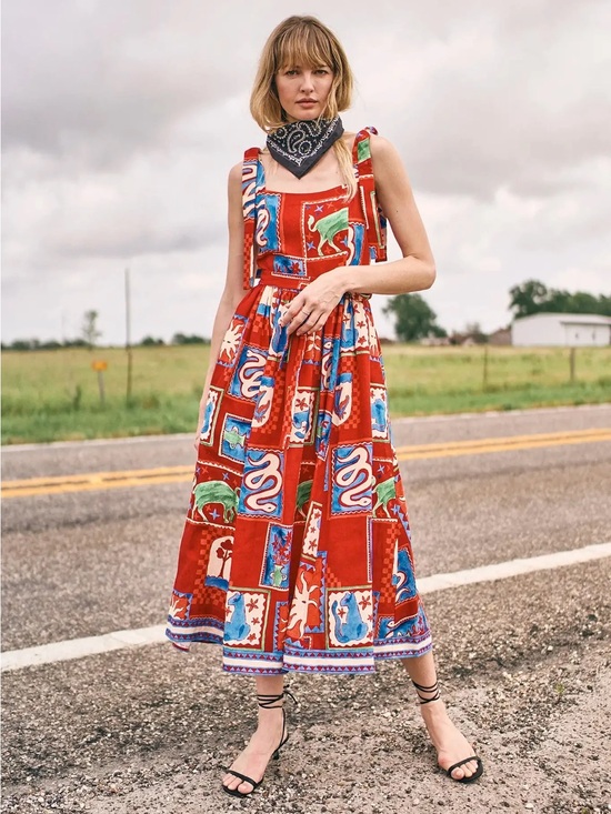 HUNTER BELL Dresses & Skirts - HUNTER BELL Red Multi Patchwork Print Midi Dress